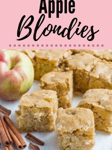 apple blondies with cinnamon sticks and apple on cutting board