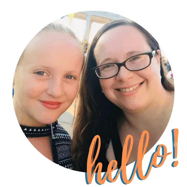 sarah and brooklyn selfie with text overlay "hello!"