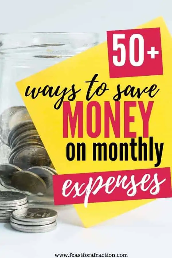 jar of quarters sitting on counter with yellow sticky note with text "50 ways to save money on monthly expenses"