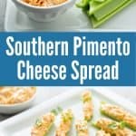 collage of pimento cheese spread on square white plates