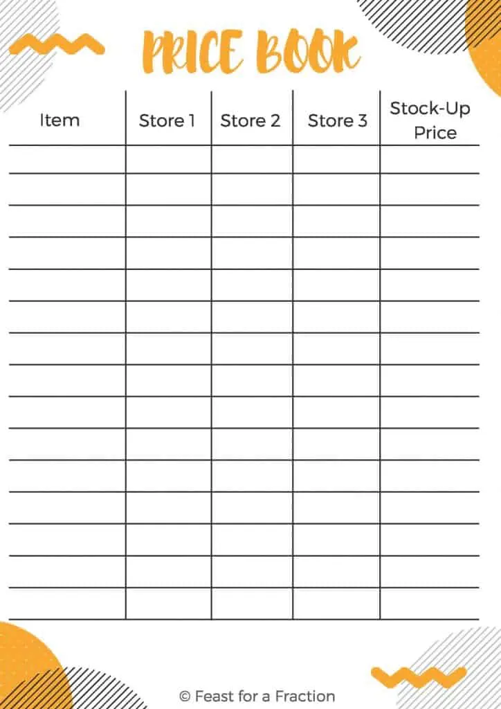 printable document labeling "Price Book," Item, Store 1, Store 2, Store 3 and Stock-Up Price