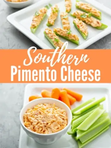 southern pimento cheese spread in a white bowl sitting on a white platter with carrots and celery
