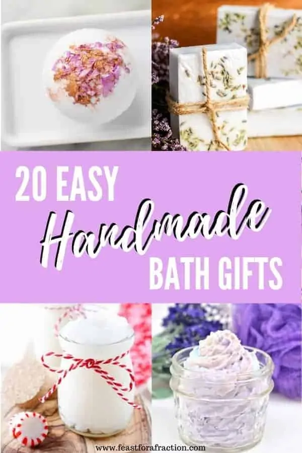 collage images of handmade bath gifts in jars with header text "20 Easy Handmade Bath Gifts"