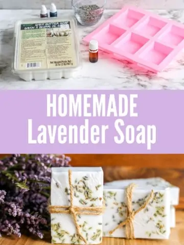 lavender soap ingredients and lavender bar soap with title text "Homemade Lavender Soap"