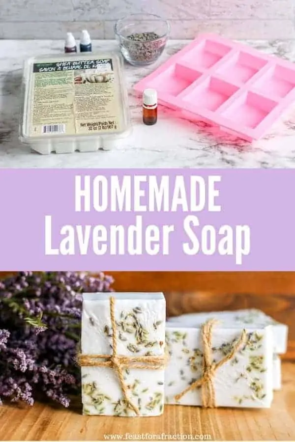 lavender soap ingredients and lavender bar soap with title text "Homemade Lavender Soap"