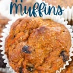 morning glory muffins on platter with title text "Apple Carrot Muffins"