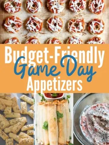 images of budget-friendly appetizers round-up with title text "Budget-Friendly Game Day Appetizers"