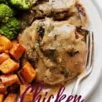 chicken salisbury steak on white plate with broccoli and diced sweet potatoes