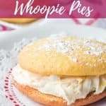 pineapple cake mix whoopie pie on white plate with paper doily with title text
