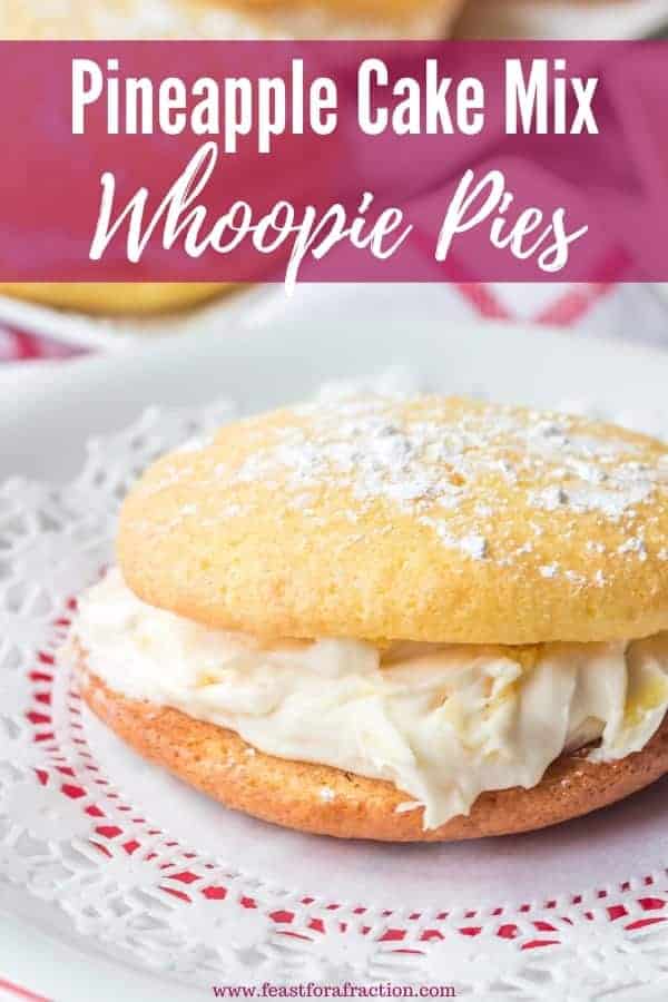 pineapple cake mix whoopie pie on white plate with paper doily with title text