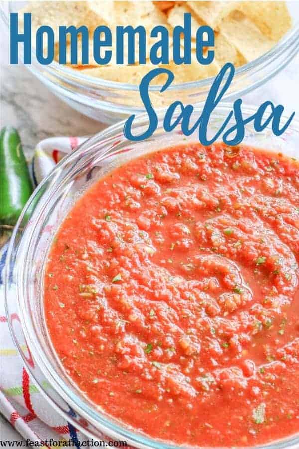 salsa in glass bowl with title text "homemade salsa"