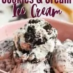 cookies and cream ice cream scoops in pink bowl with title text "No Churn Cookies and Cream Ice Cream"