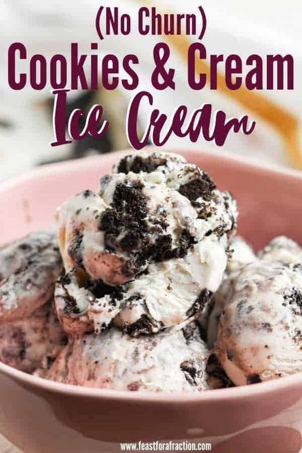 cookies and cream ice cream scoops in pink bowl with title text "No Churn Cookies and Cream Ice Cream"