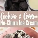 collage image of cookies and cream ice cream ingredients and pink bowl filled with ice cream