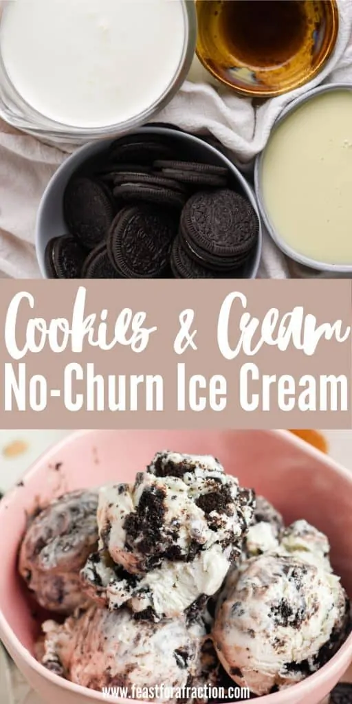 collage image of cookies and cream ice cream ingredients and pink bowl filled with ice cream