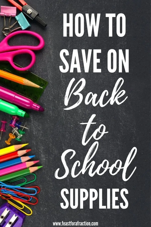 chalkboard background with school supplies scattered with title text "How to Save on Back to School Supplies"