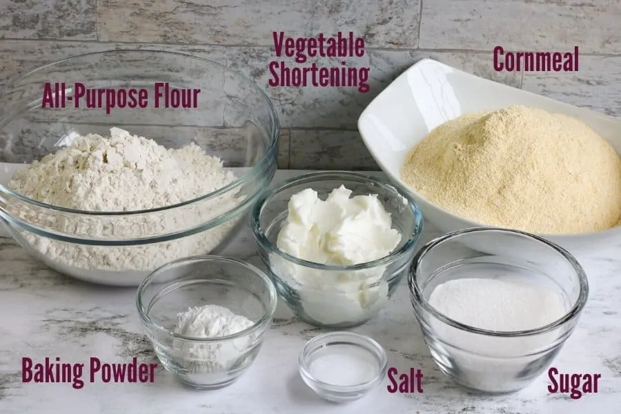 cornbread mix ingredients with text labeling each ingredient