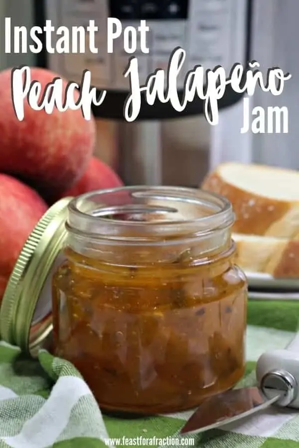 jar of peach jalapeño jam with instant pot in background