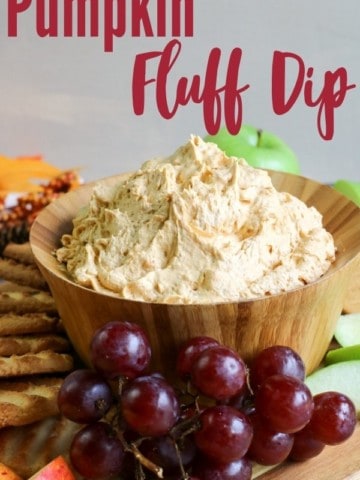 pumpkin fluff dip in wooden bowl with title text
