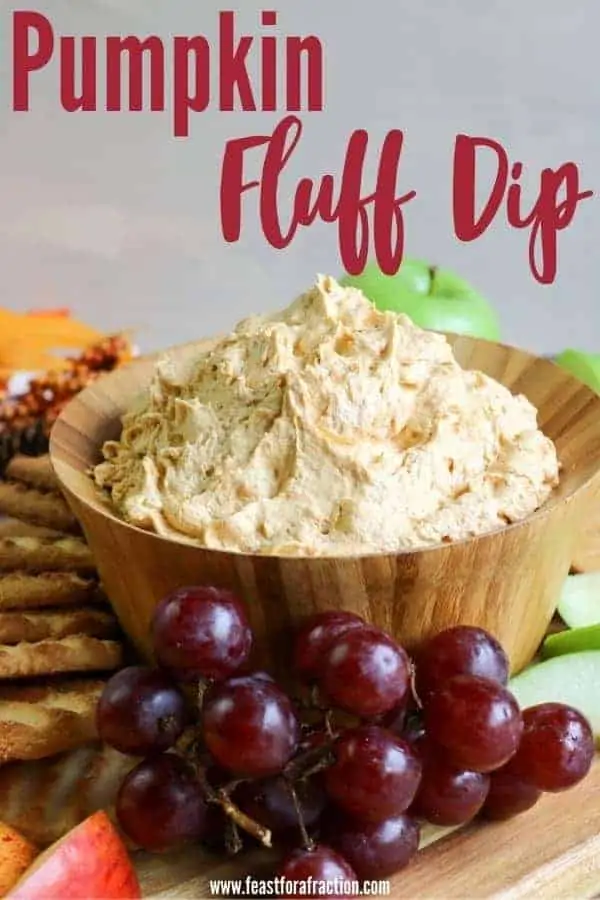 pumpkin fluff dip in wooden bowl with title text