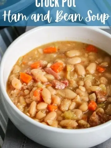 ham and bean soup in white bowl with title text