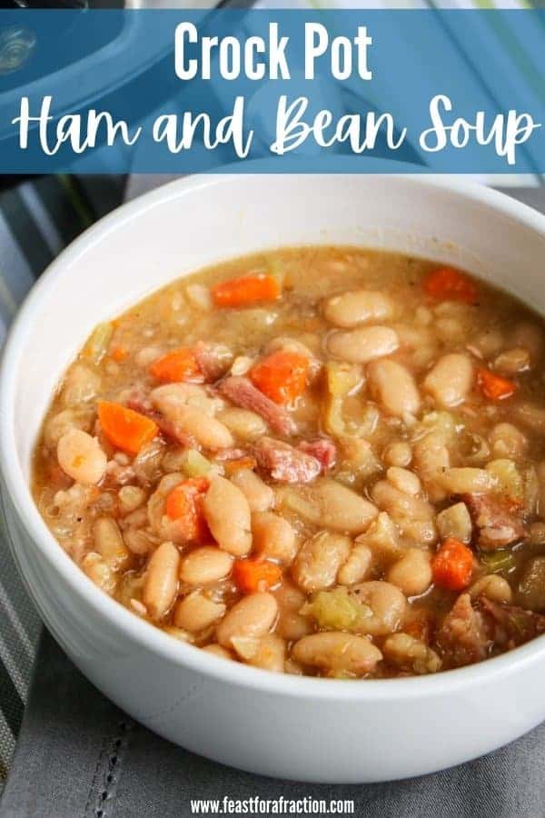 ham and bean soup in white bowl with title text