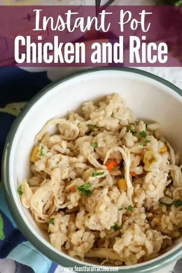 white bowl filled with chicken and rice with title text "instant pot chicken and rice"