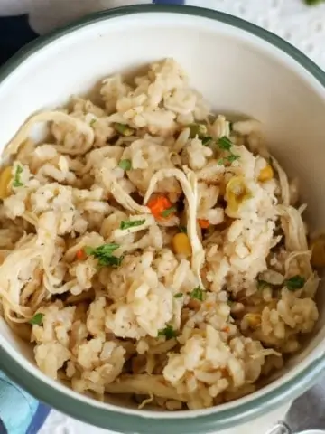 chicken and rice in white bowl with fork