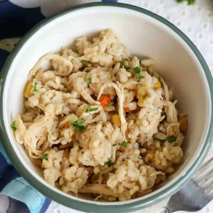 chicken and rice in white bowl with fork