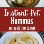 collage of chickpeas in instant pot and prepared hummus in white bowl