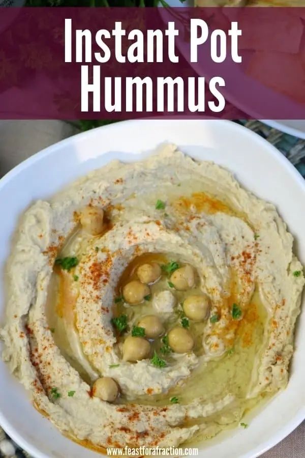 hummus in white bowl with title text "Instant Pot Hummus)