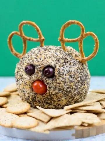 cheese ball coated in everything bagel seasoning with pretzels, black olives and tomato to look like reindeer