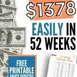 collage image with money and title text "How to Save $1378 Easily in 52 Weeks"