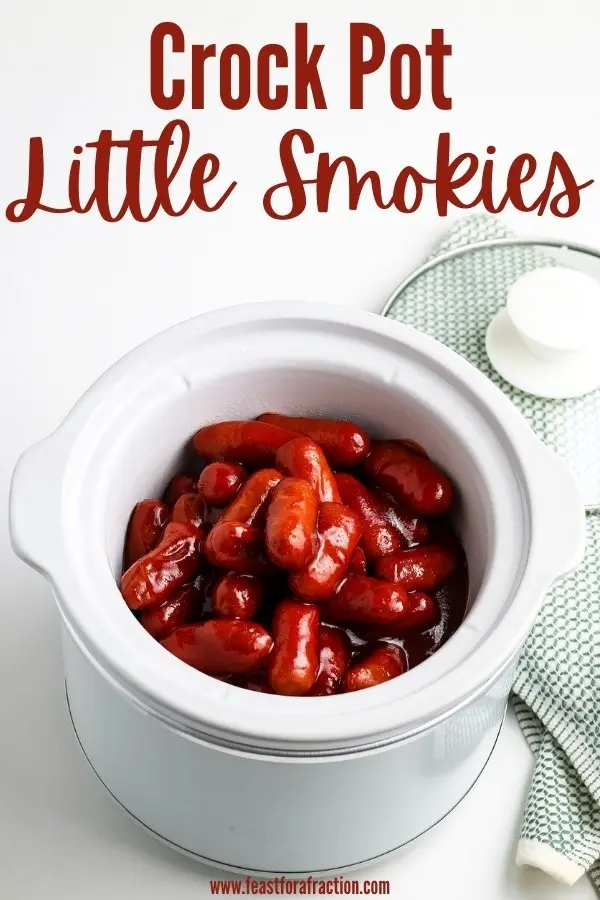 BBQ Little Smokies in crockpot with title text "Crock Pot Little Smokies"