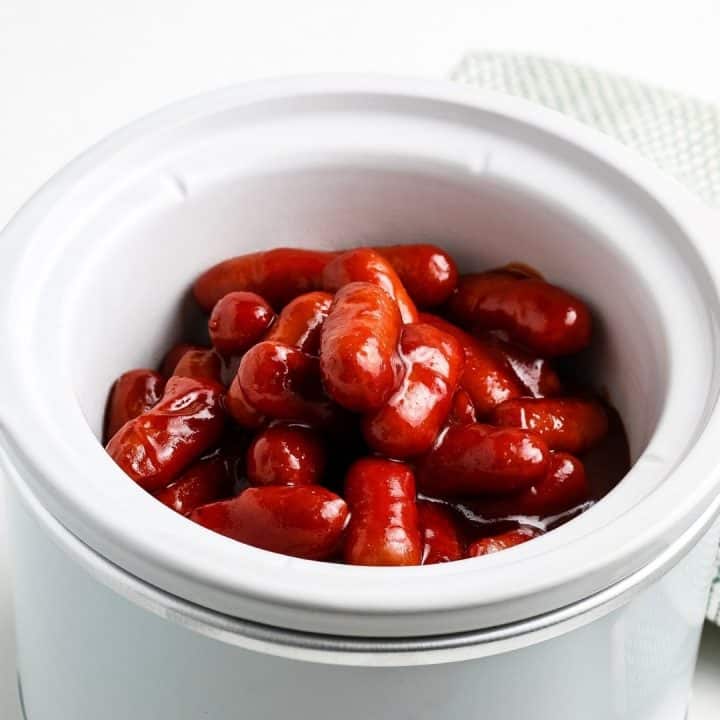 square image of bbq little smokies in white crock pot