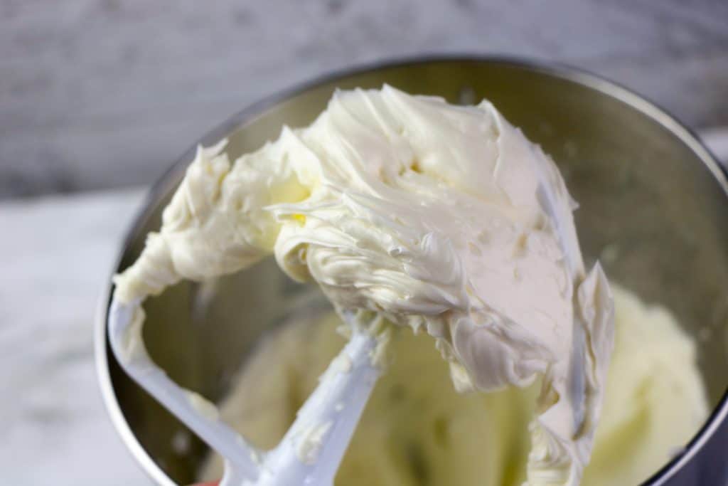 stand mixer paddle with whipped butter mixture