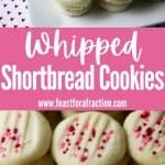 collage of whipped shortbread cookies topped with pink nonpareils on white platter