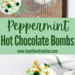 collage of peppermint hot cocoa bombs with title text