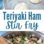 colklage of teriyaki ham stir fry ingredients and cooked dish with title text
