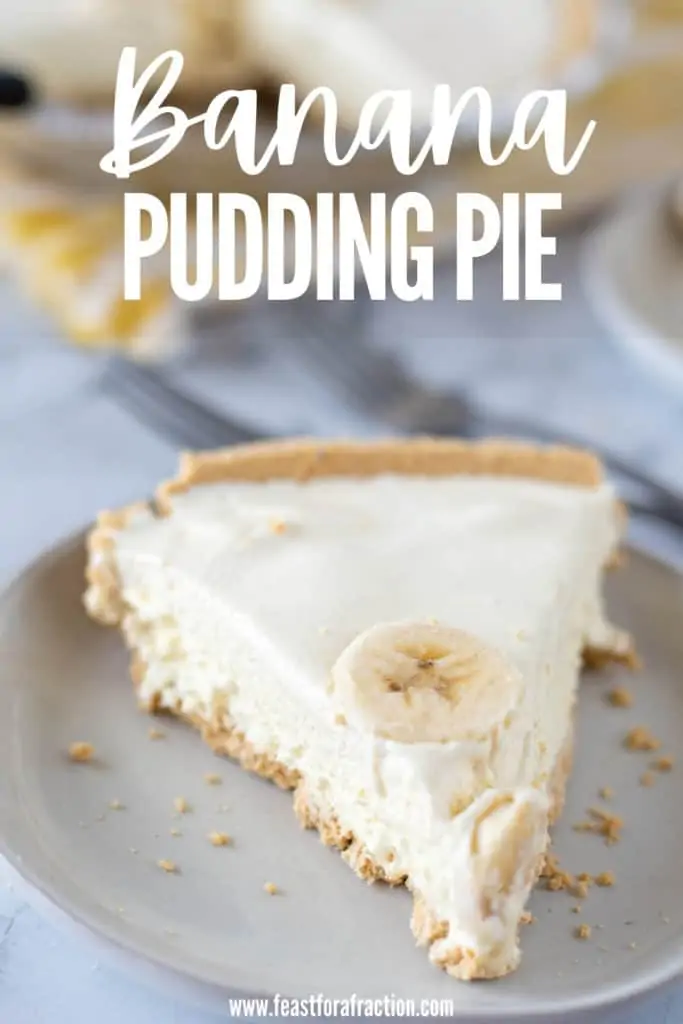 slice of banana pudding pie on grey plate with title text
