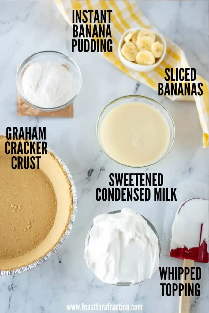 ingredients for banana pudding pie with text labels