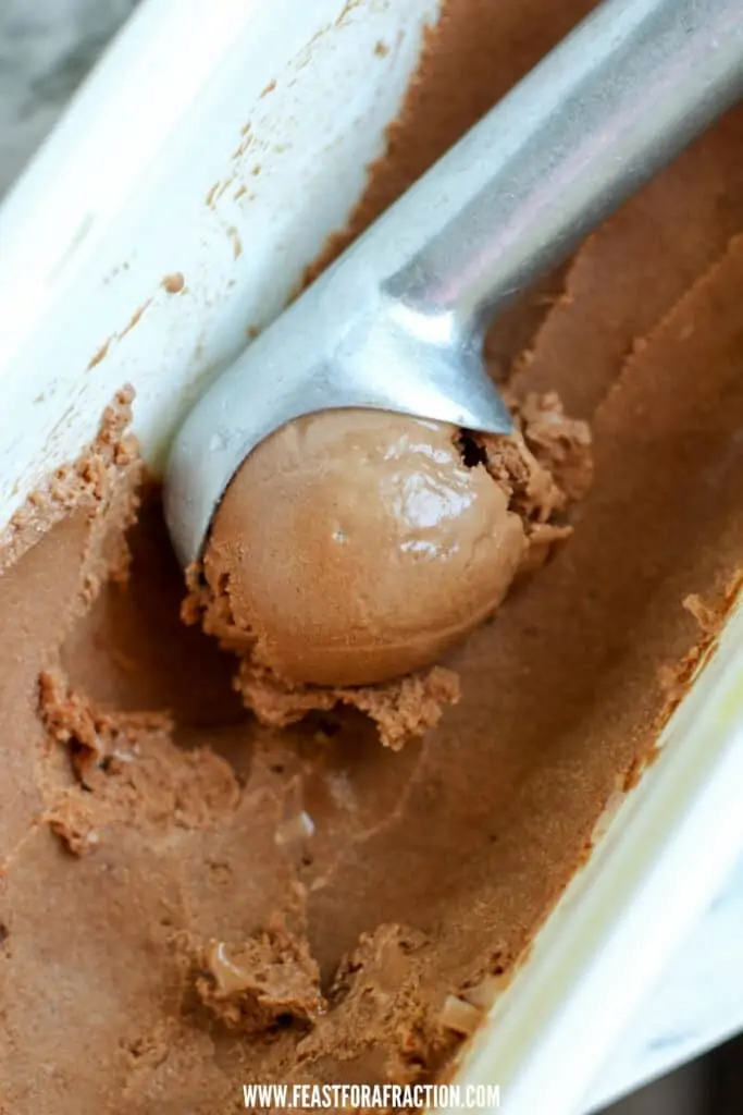 chocolate peanut butter banana ice cream in container with ice cream scoop