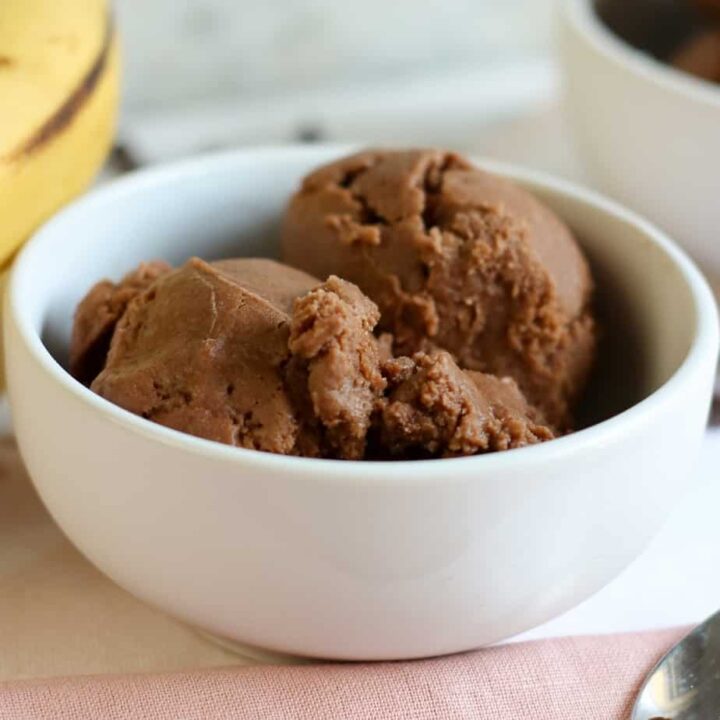 dairy free chocolate peanut butter banana ice cream scooped in a white bowl