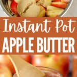 collage of instant pot apple butter ingredients in instant pot liner and cooked apple butter in jar