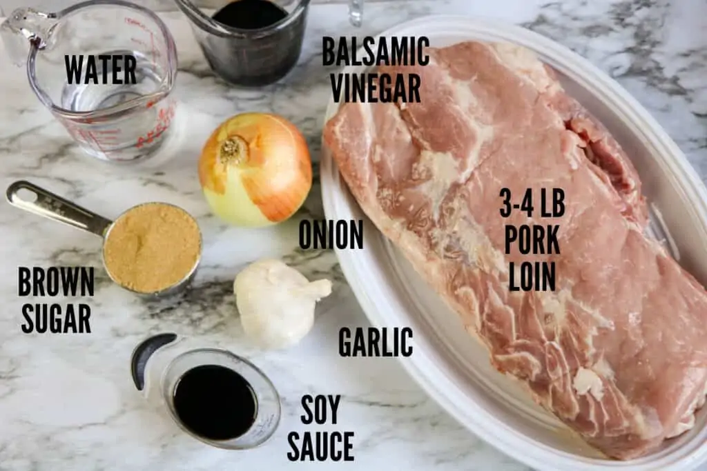 ingredients for slow cooker pork loin with text labels