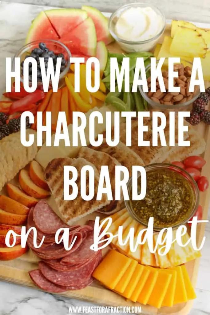 meat and cheese on cutting board with title text "How to Make a Charcuterie Board on a Budget"