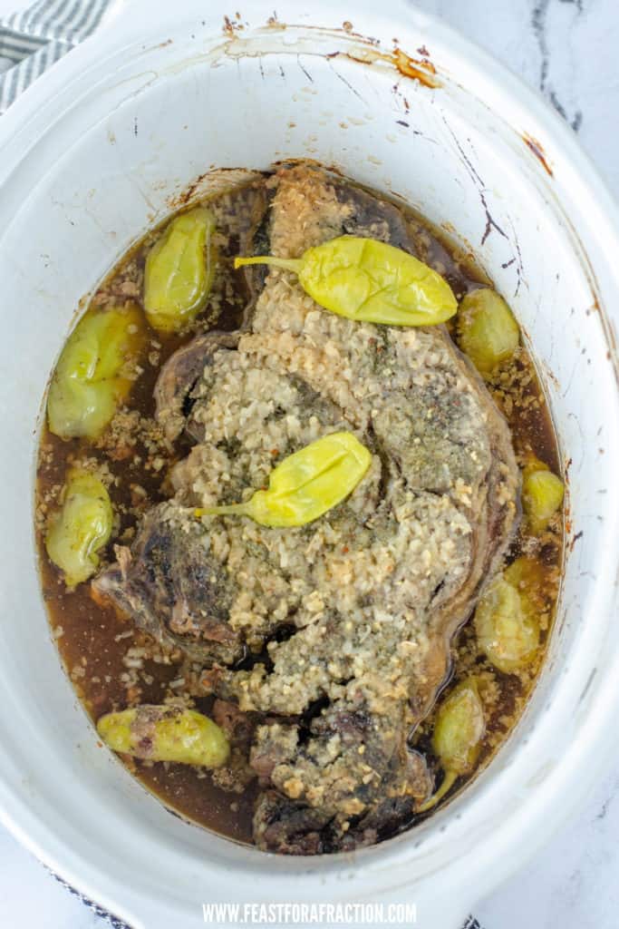 beef chuck roast in crockpot with pepperoncini peppers