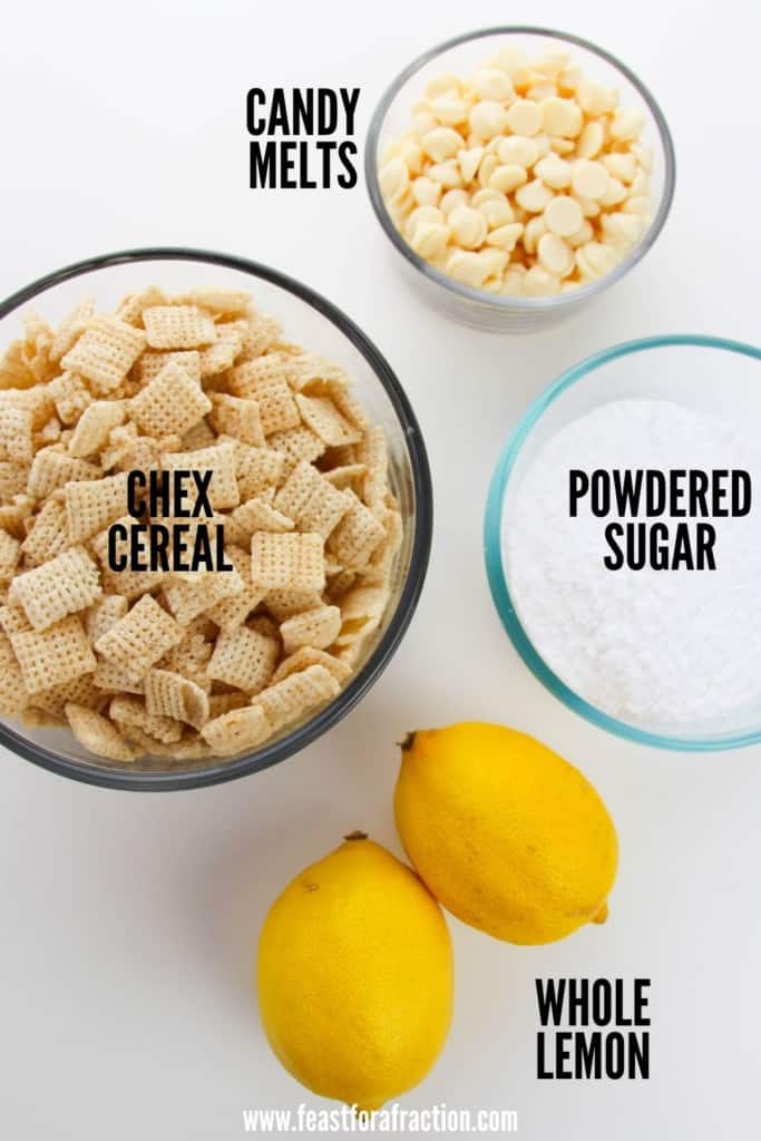 chex cereal, candy melts, powdered sugar and lemon on white counter