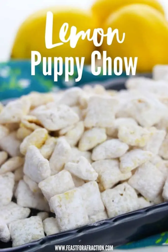 lemon puppy chow in bowl with whole lemons in background