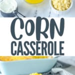 collage of corn casserole ingredients and baked casserole on black plate